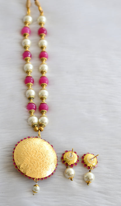 Gold tone Dark pink-pearl pachi Pendant necklace set dj-02348