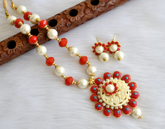 Gold tone pearl-red pachi pendant necklace set dj-02343