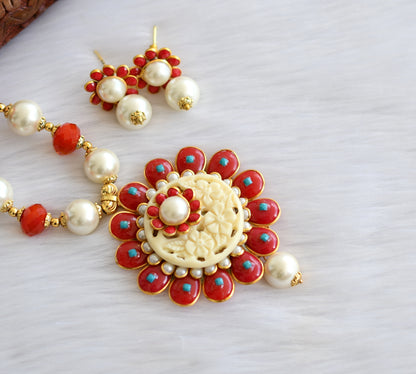 Gold tone pearl-red pachi pendant necklace set dj-02343