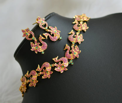 Gold tone ruby-emerald peacock necklace set dj-03490