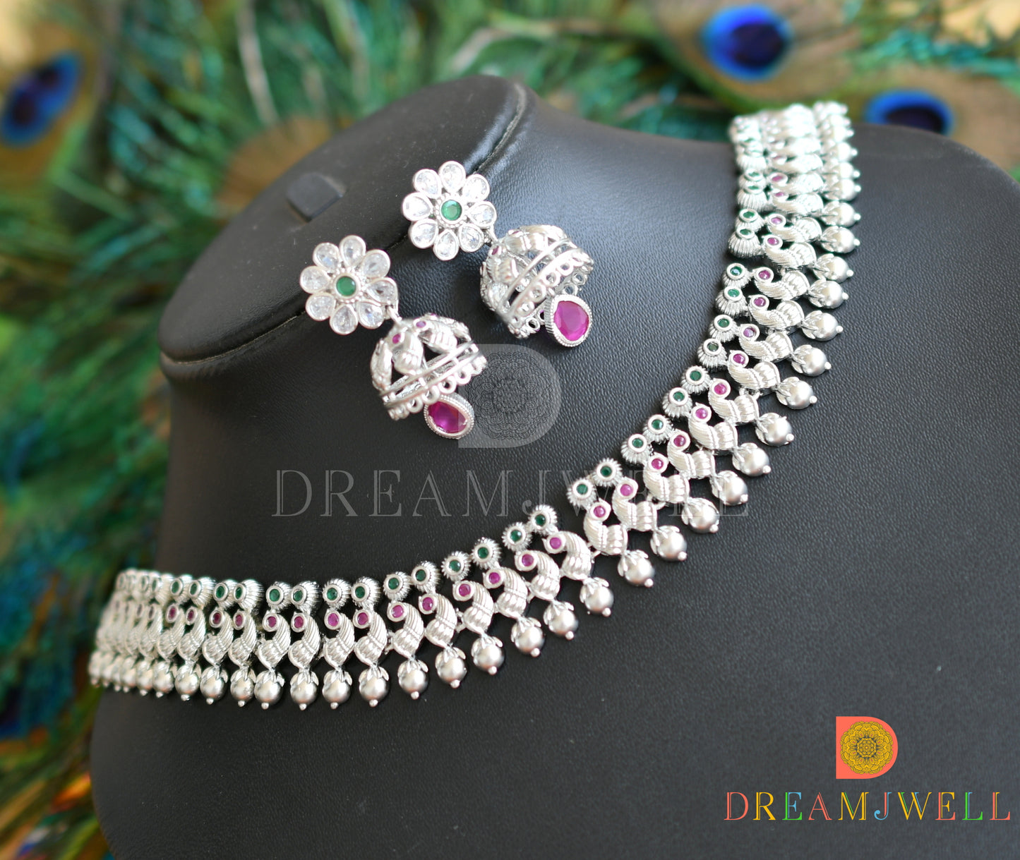 Silver tone ruby-emerald peacock necklace set dj-36666