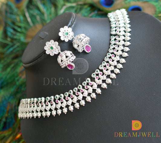 Silver tone ruby-emerald peacock necklace set dj-36666