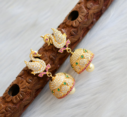 Gold tone cz ruby-green-white big swan jhumkka dj-03617