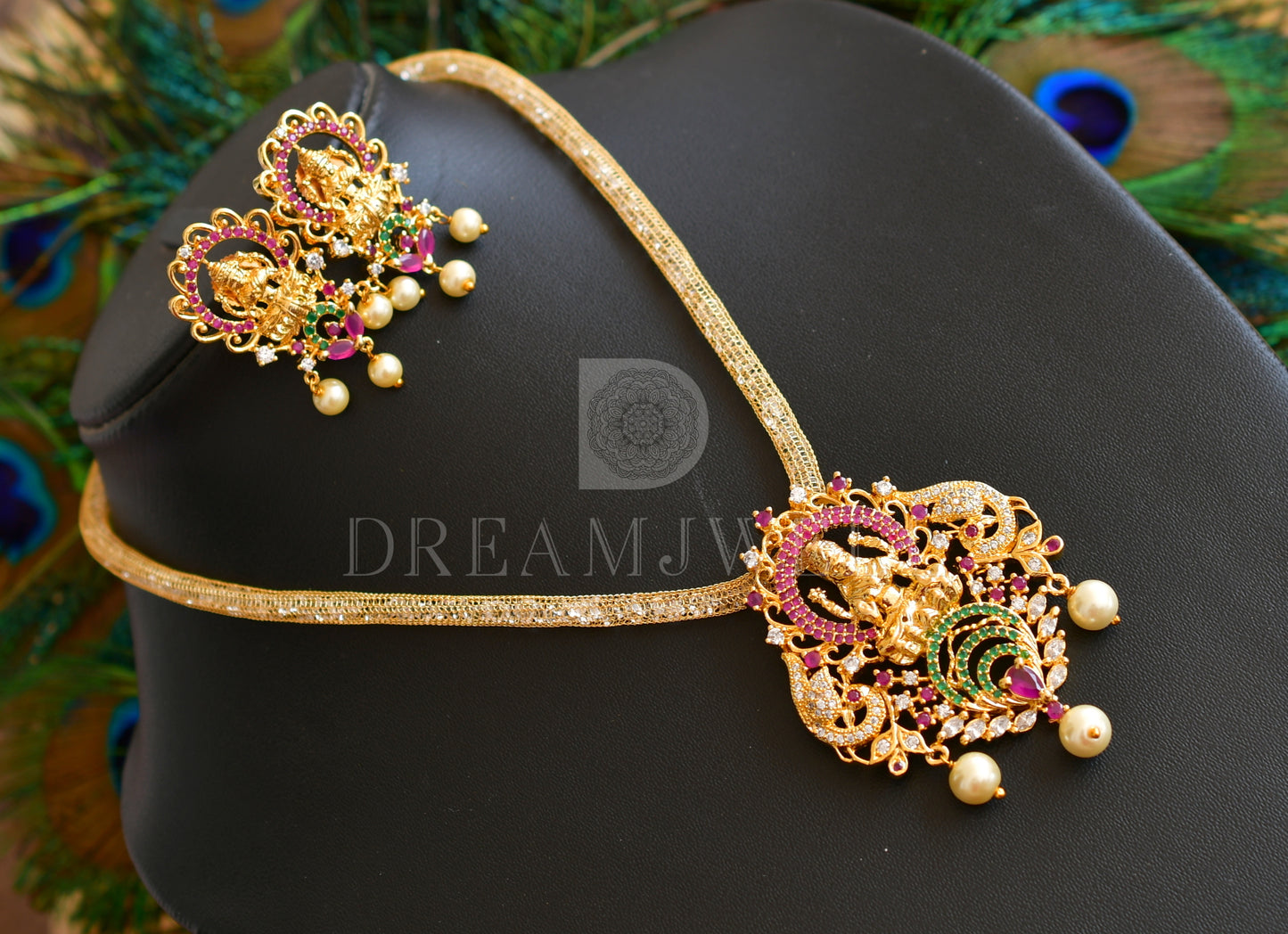 Gold tone cz ruby-green lakshmi pendant set with chain dj-01279