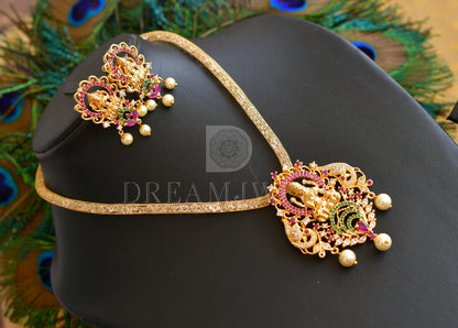 Gold tone cz ruby-green lakshmi pendant set with chain dj-01279