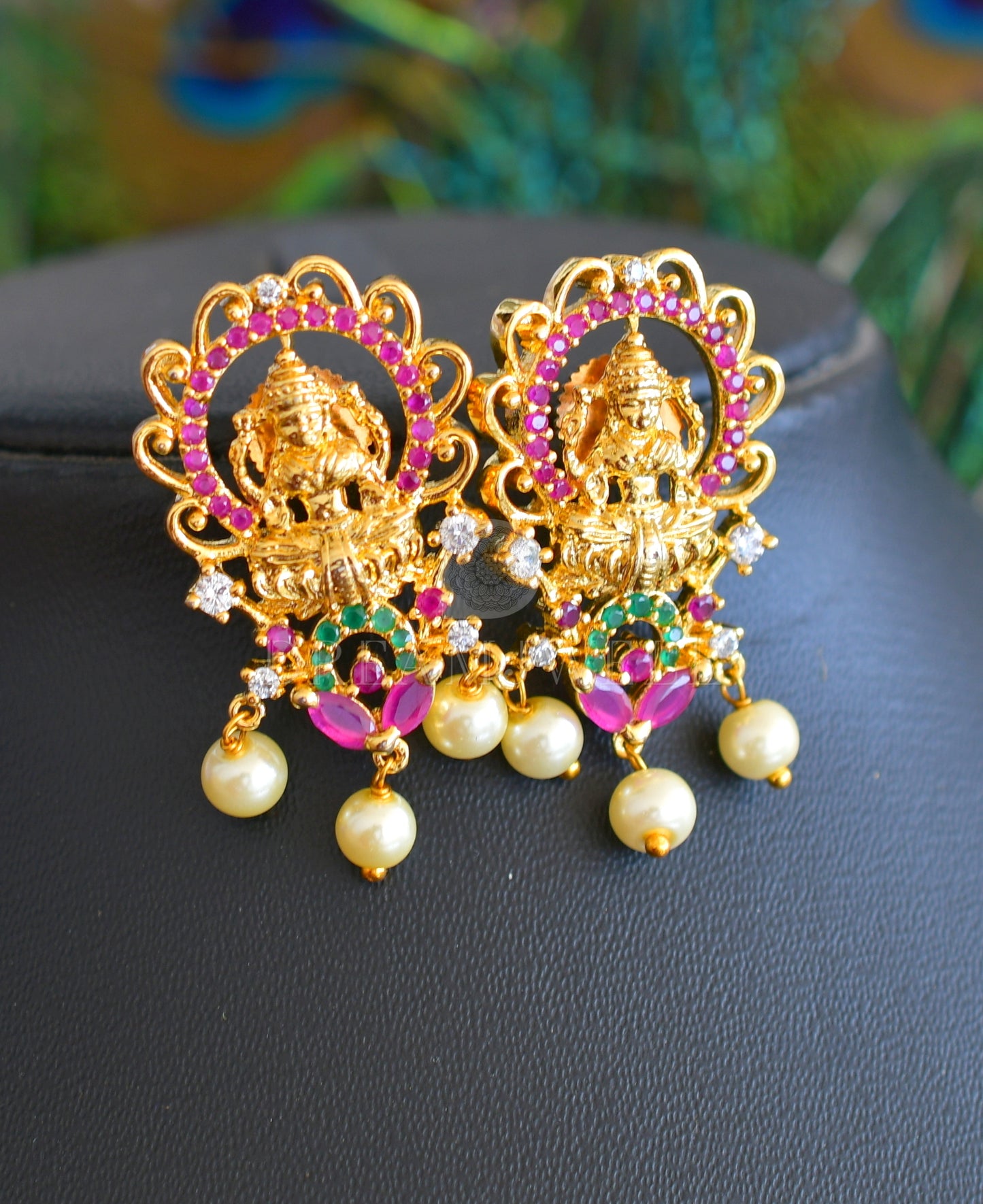 Gold tone cz ruby-green lakshmi pendant set with chain dj-01279