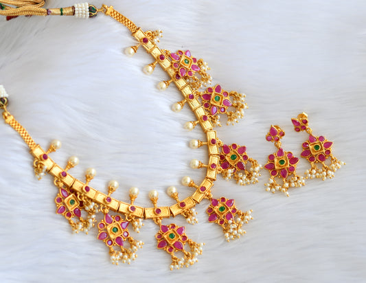 Gold tone ruby-emerald gutta pusalu flower necklace set dj-02877