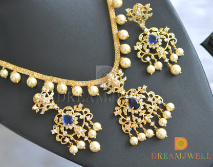 Gold tone cz-dark blue-white pearl necklace set dj-01666