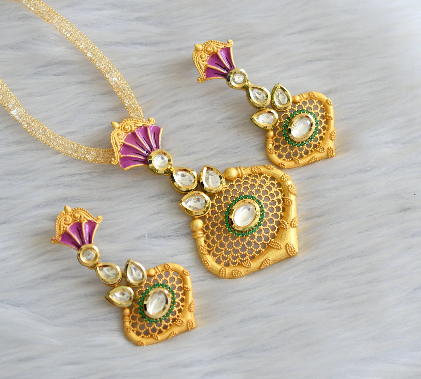 Gold plated real kundan pink necklace set dj-03601