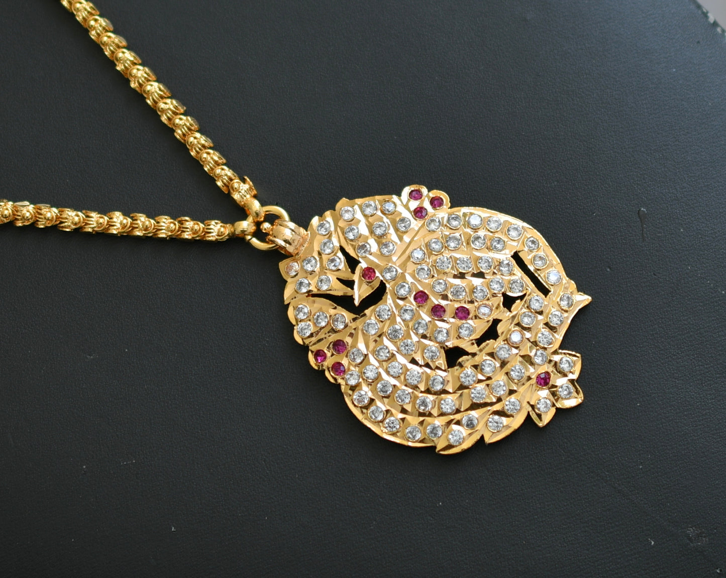 Gold tone ad ruby south Indian style peacock long chain dj-28356