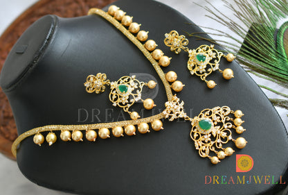 Gold tone cz-green-white pearl necklace set dj-01667