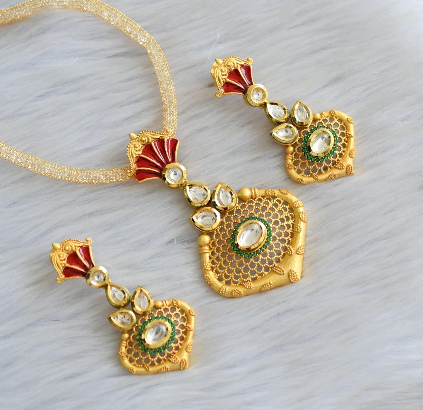 Gold plated real kundan red necklace set dj-03600
