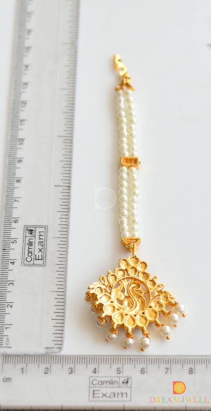 Gold tone kemp-green pearl swan designer maang tikka dj-29721