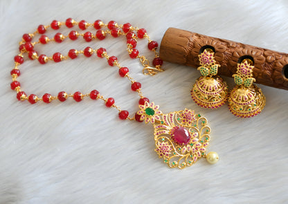 Gold tone ruby-green-white stone Pumpkin beads short haar set dj-41824