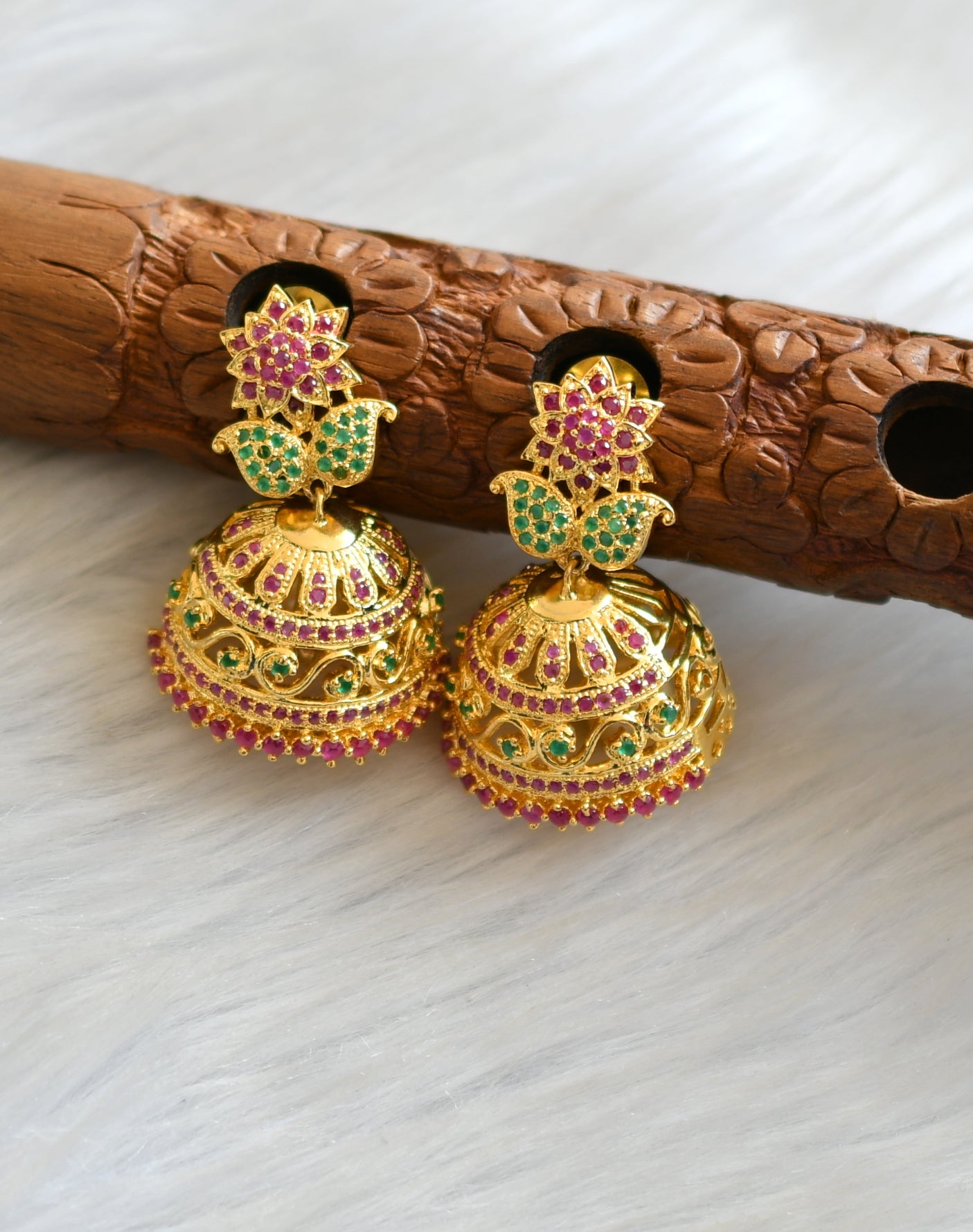 Gold tone ruby-green-white stone Pumpkin beads short haar set dj-41824