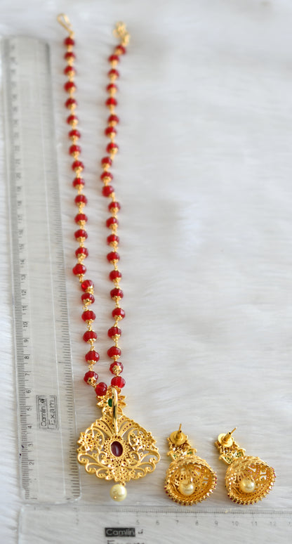 Gold tone ruby-green-white stone Pumpkin beads short haar set dj-41824