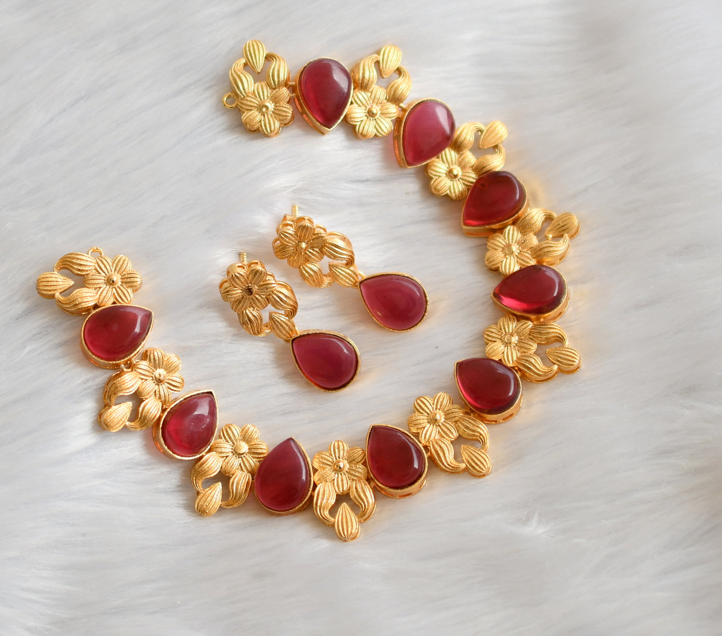 Gold tone red flower necklace set dj-39712