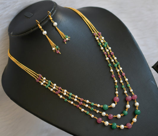 Gold tone multi layer ruby-emerald necklace set dj-07381