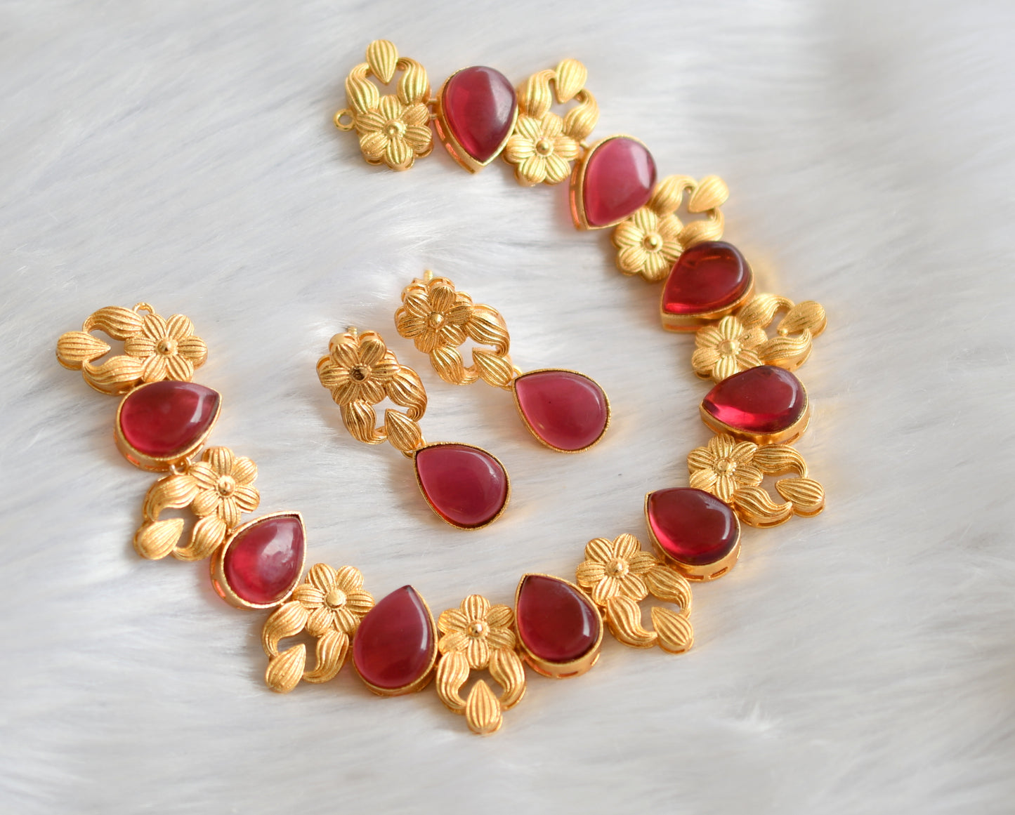 Gold tone red flower necklace set dj-39712