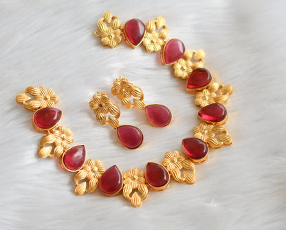 Gold tone red flower necklace set dj-39712