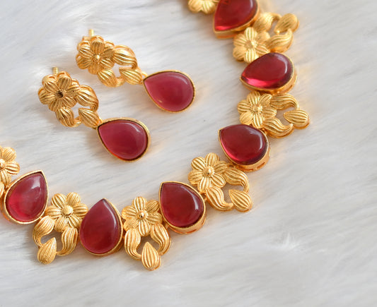 Gold tone red flower necklace set dj-39712