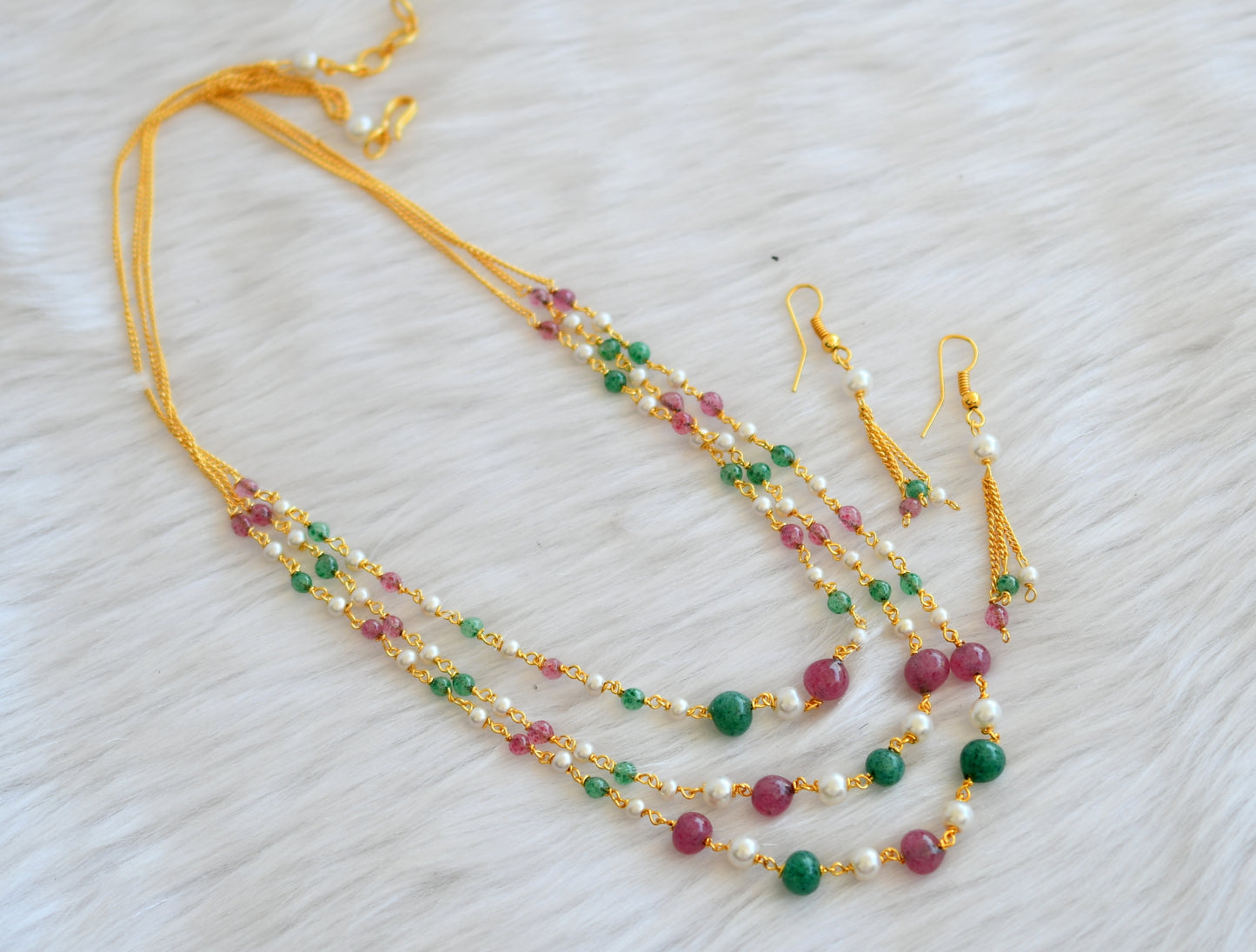 Gold tone multi layer ruby-emerald necklace set dj-07381