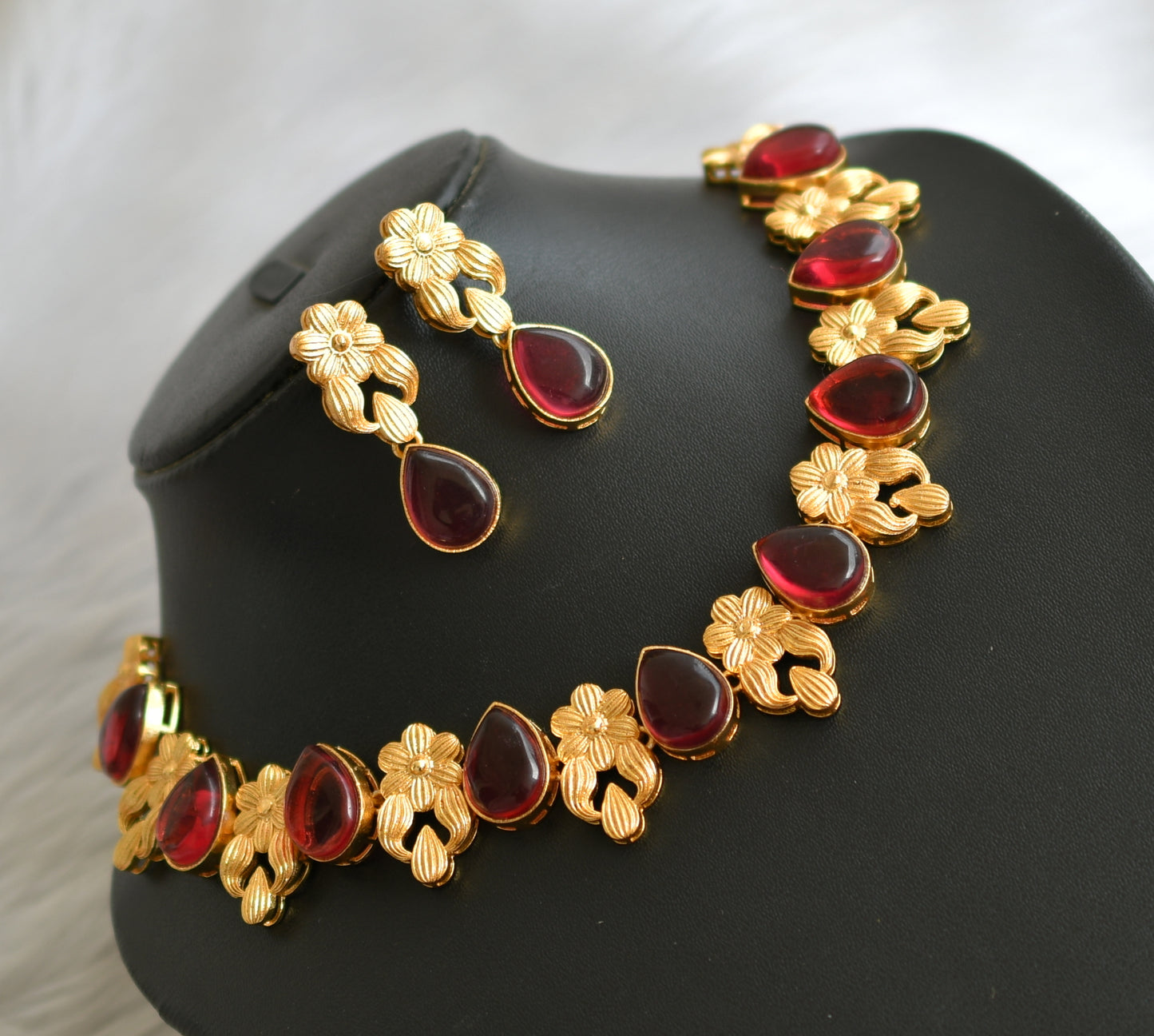 Gold tone red flower necklace set dj-39712