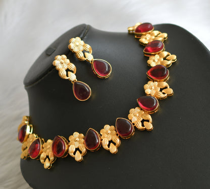 Gold tone red flower necklace set dj-39712