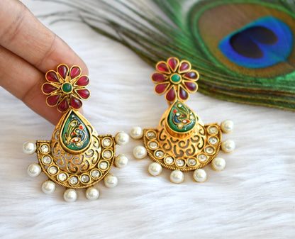 Antique gold tone Pink-green meenakari work Earrings-dj01358