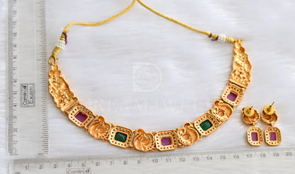 Matte finish ruby-emerald block stone swan necklace set with bangles