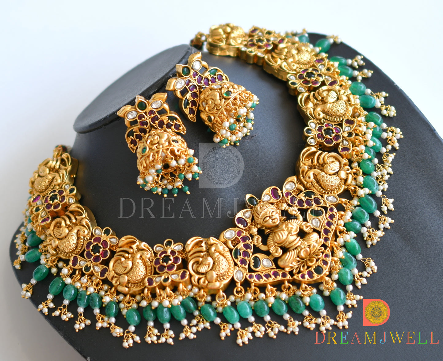 Gold look alike kemp-green lakshmi-swan designer necklace set dj-34275