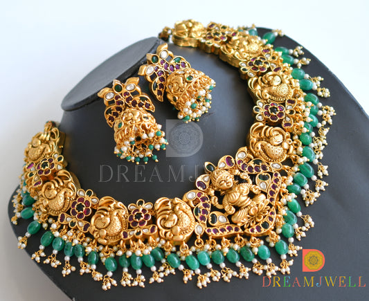 Gold look alike kemp-green lakshmi-swan designer necklace set dj-34275