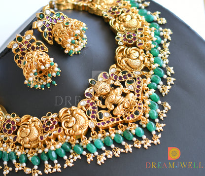 Gold look alike kemp-green lakshmi-swan designer necklace set dj-34275