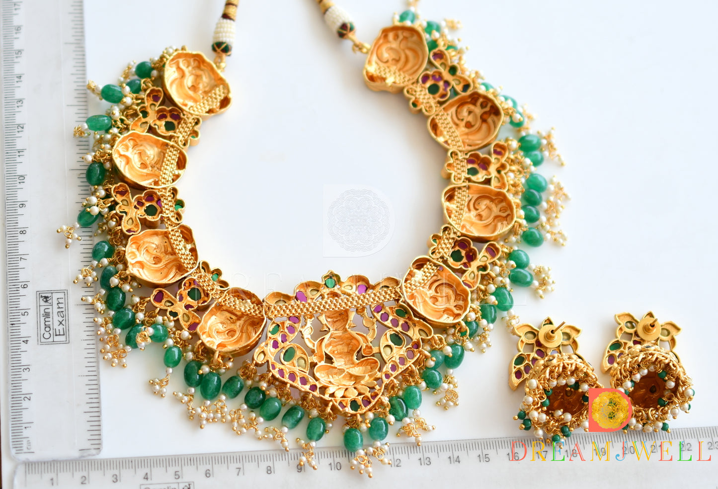 Gold look alike kemp-green lakshmi-swan designer necklace set dj-34275