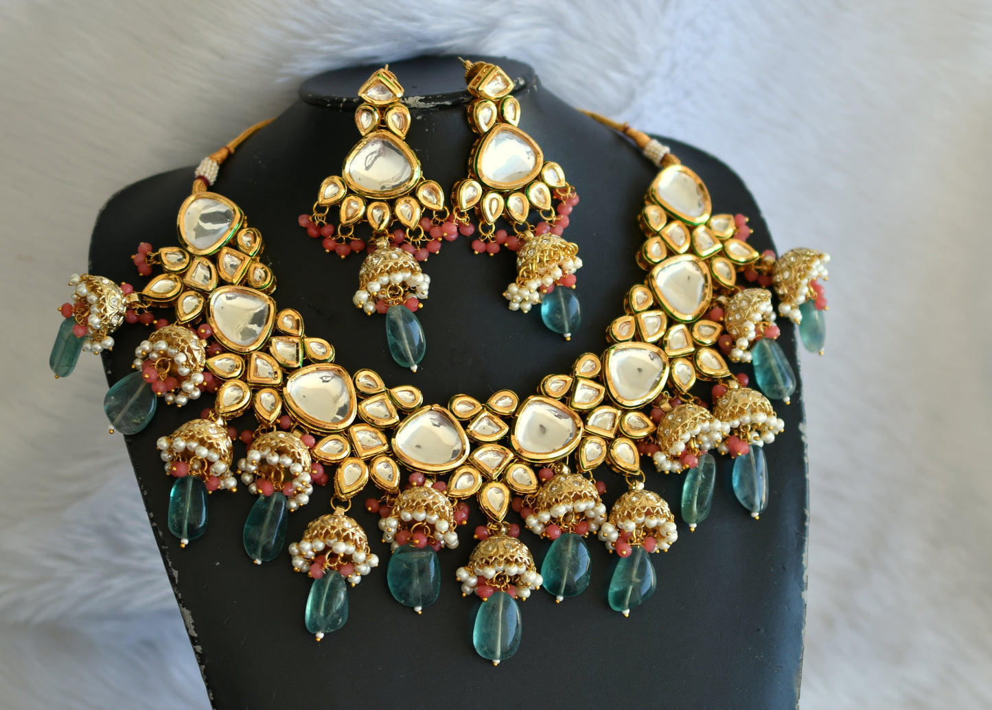 Gold tone red-green white kundan bridal necklace set dj-32448