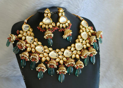 Gold tone red-green white kundan bridal necklace set dj-32448