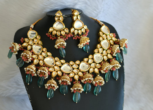 Gold tone red-green white kundan bridal necklace set dj-32448