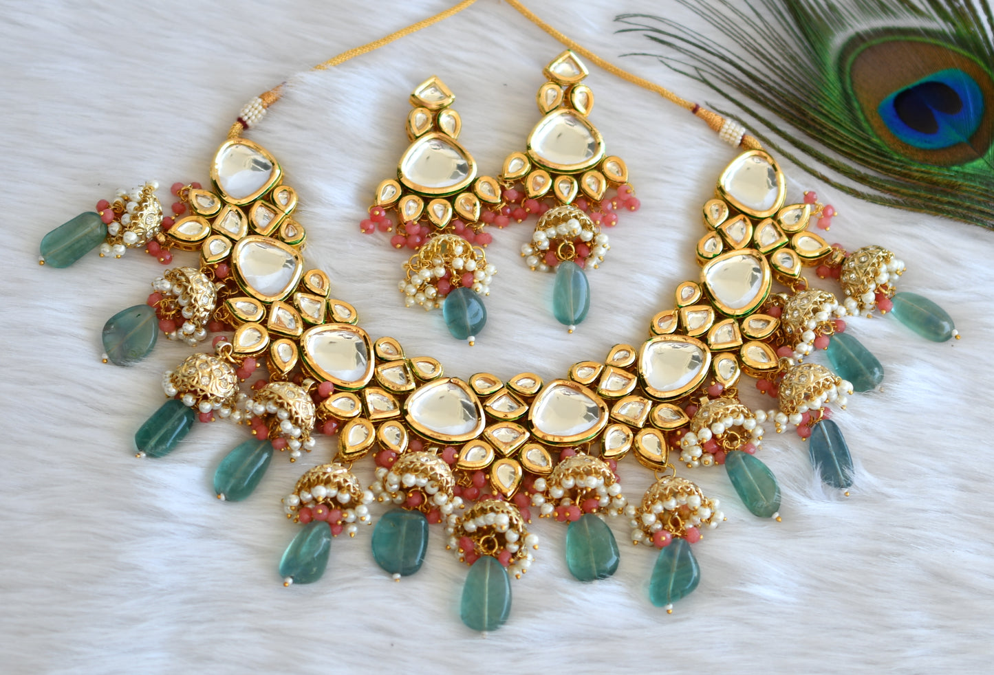 Gold tone red-green white kundan bridal necklace set dj-32448