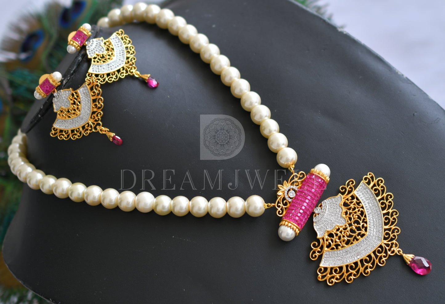 Gold Tone Pearl Ruby Cz Necklace Set dj-08110