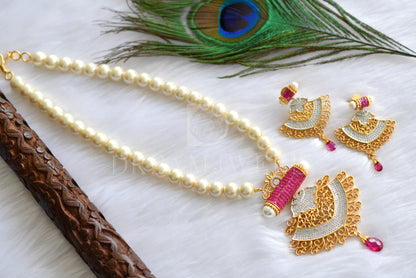 Gold Tone Pearl Ruby Cz Necklace Set dj-08110