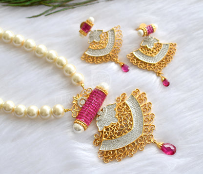 Gold Tone Pearl Ruby Cz Necklace Set dj-08110