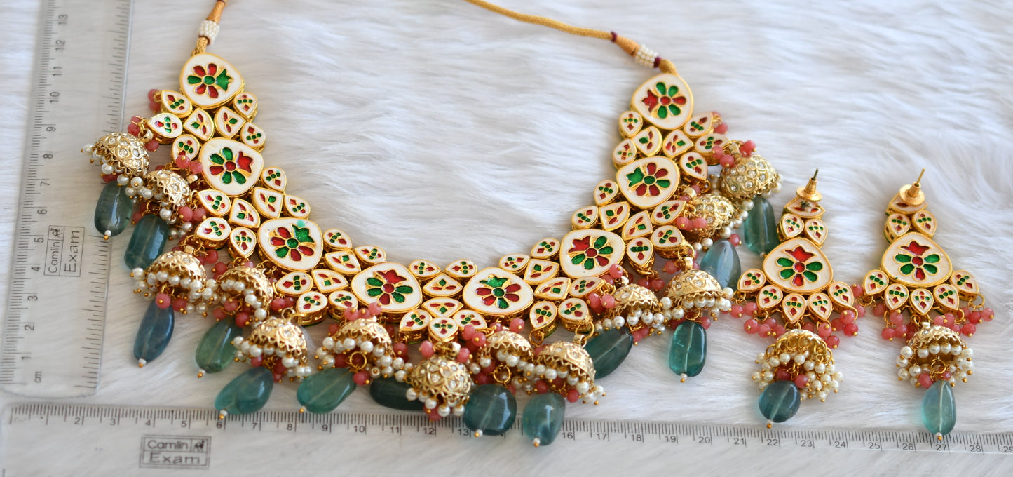 Gold tone red-green white kundan bridal necklace set dj-32448