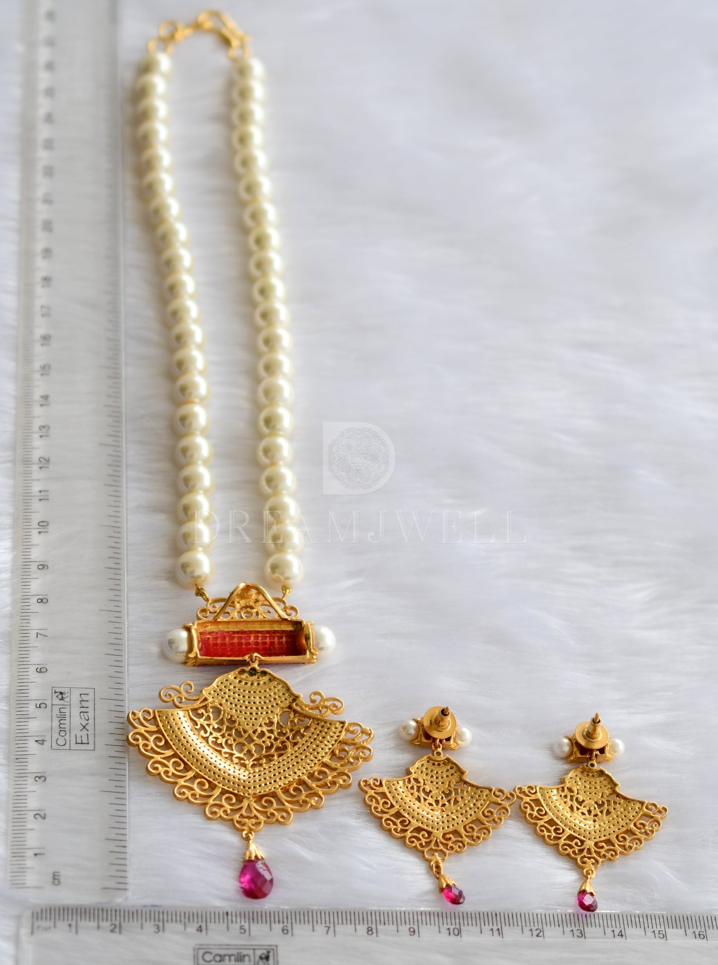 Gold Tone Pearl Ruby Cz Necklace Set dj-08110