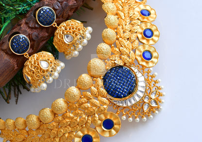 Royal 1 Gram Gold-plated Blue Kundan Bridal Choker Necklace Set dj-05027
