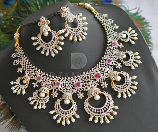 Two tone cz white-ruby diamond look alike pearl designer necklace set dj-34454