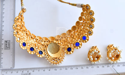 Royal 1 Gram Gold-plated Blue Kundan Bridal Choker Necklace Set dj-05027