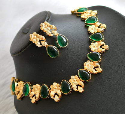 Gold tone green flower necklace set dj-39716