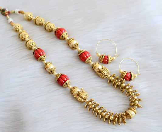 Matte finish pearl coral pumpkin beads necklace set dj-41826
