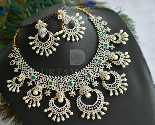 Two tone cz white-emerald diamond look alike pearl designer necklace set dj-34453