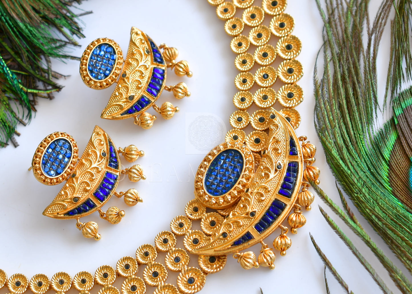 Royal 1 Gram Gold-plated Blue Bridal Necklace Set-dj05031